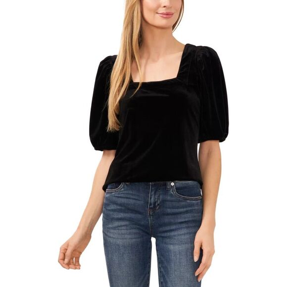 CeCe Women's Top Sz S Square Neck Short Puff Sleeve Velvet - Picture 1 of 3